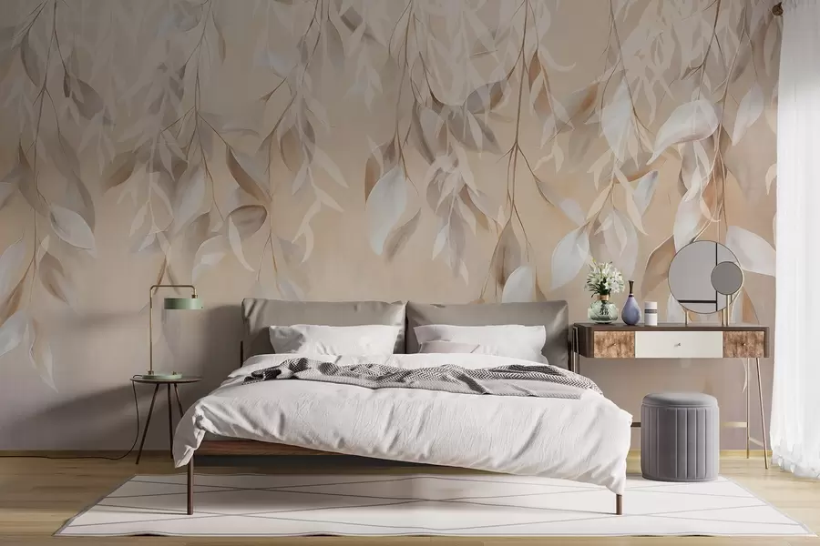 Fotobehang Hangende getextureerde witte en beige bladeren met een zacht kleurenpalet, perzik, grijs en witte delicate achtergrond  w09136