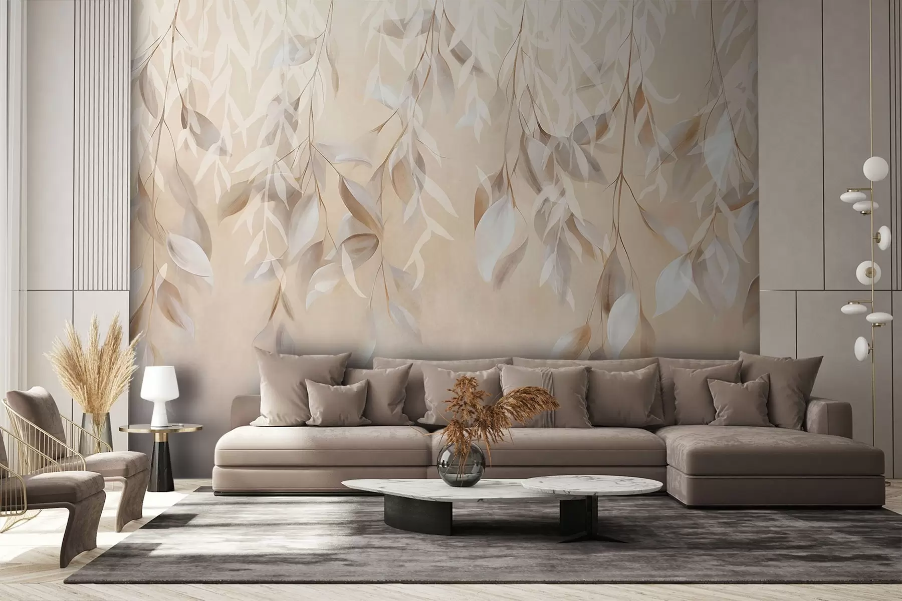 Fotobehang Hangende getextureerde witte en beige bladeren met een zacht kleurenpalet, perzik, grijs en witte delicate achtergrond  w09136