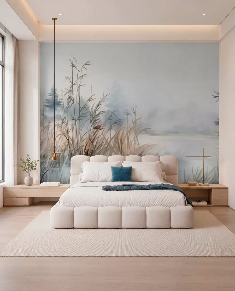 Fotobehang Structuurlandschap van een meer met hoge grassen op de voorgrond, zacht blauw en bruin, rustig water, bomen in de verte w09137
