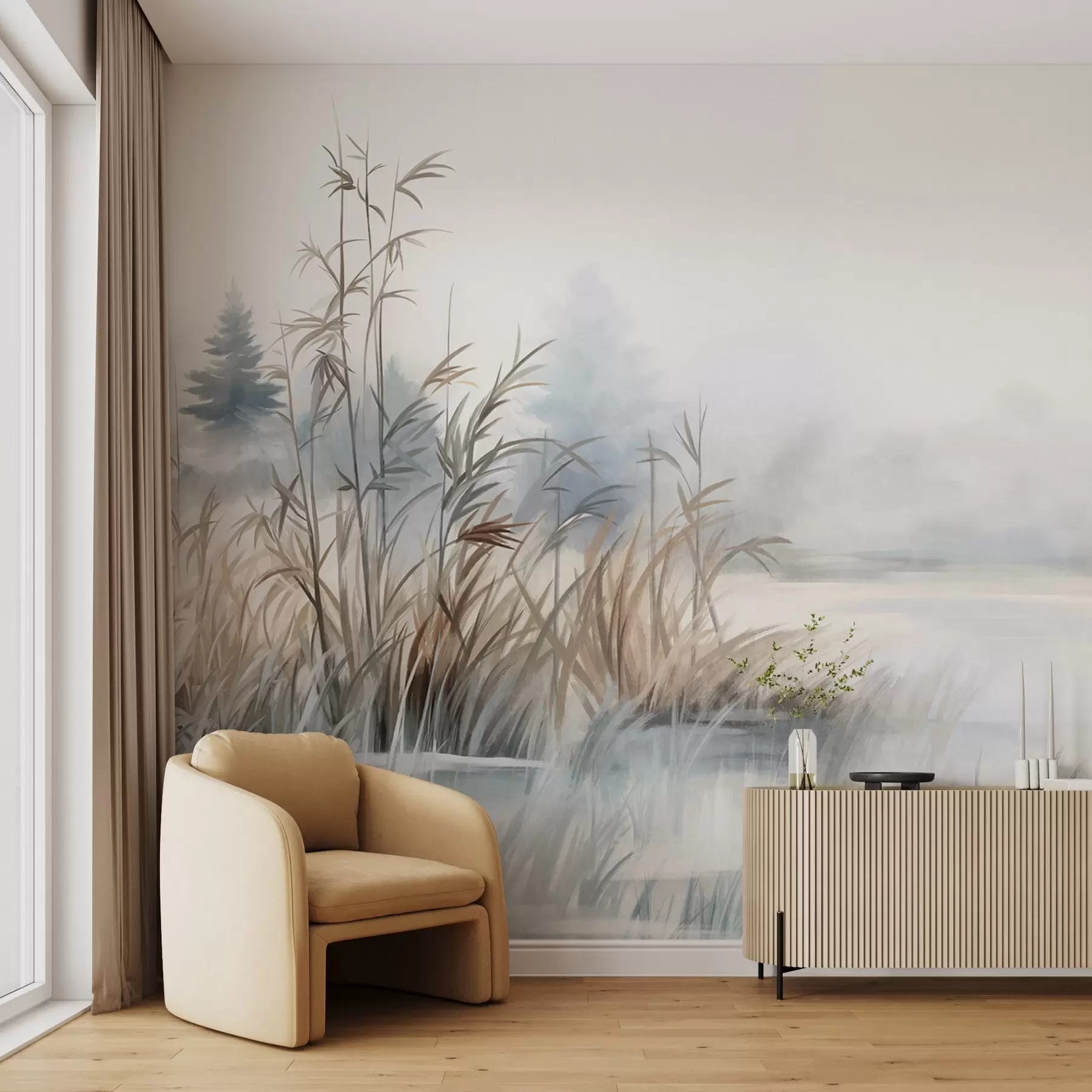 Fotobehang Structuurlandschap van een meer met hoge grassen op de voorgrond, zacht blauw en bruin, rustig water, bomen in de verte w09137