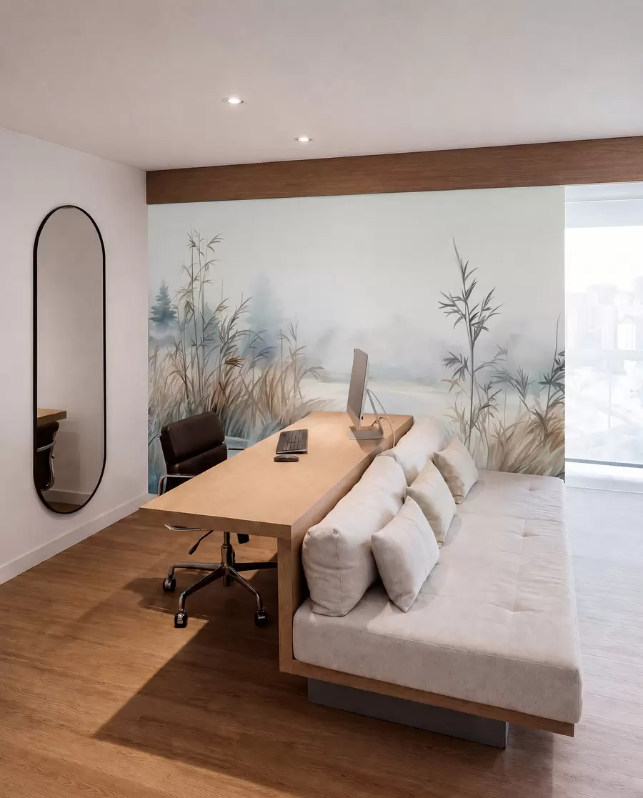 Fotobehang Riet aan stil water w09137