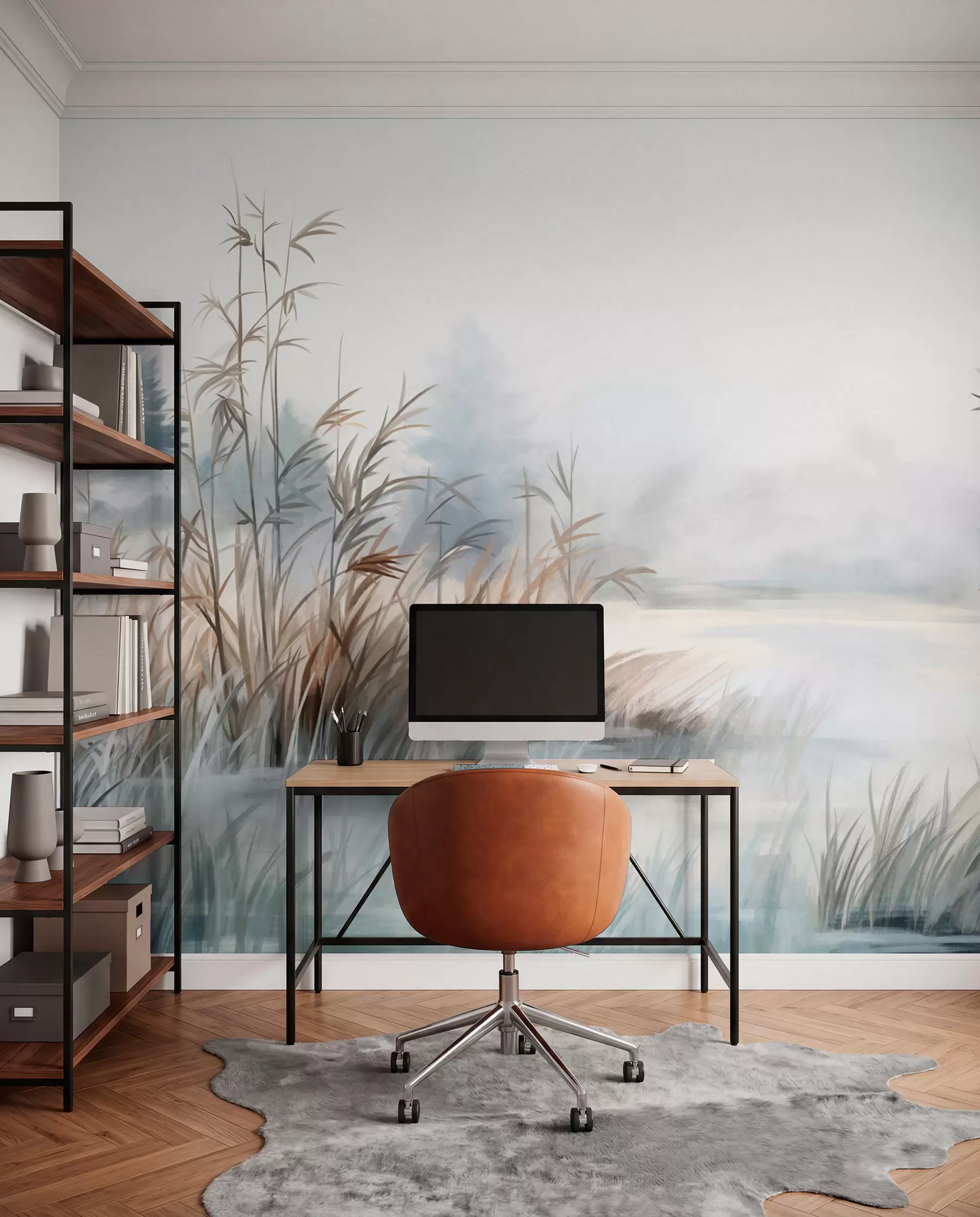 Fotobehang Structuurlandschap van een meer met hoge grassen op de voorgrond, zacht blauw en bruin, rustig water, bomen in de verte w09137