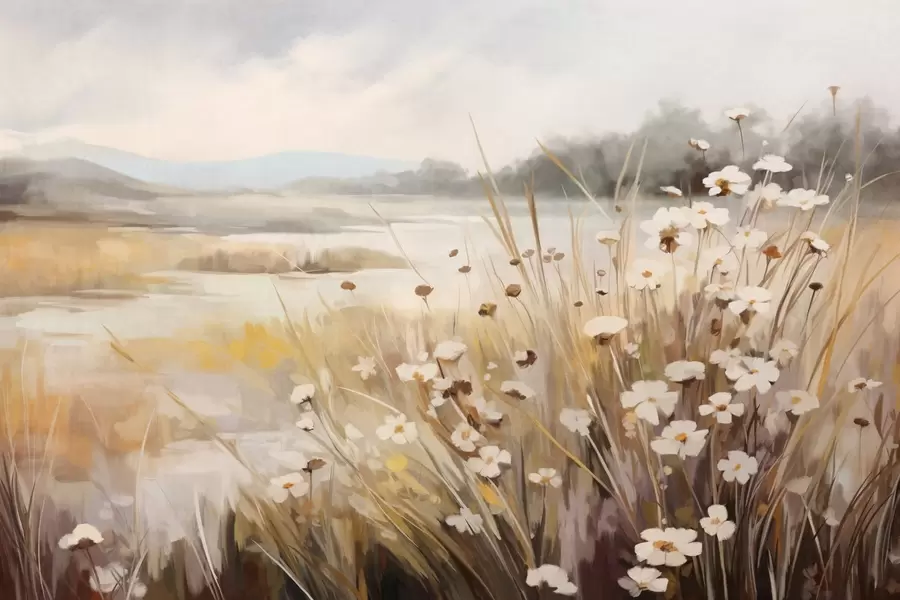 Fotobehang Veld met hoog gras en witte margrieten, bomen op de achtergrond, onder een bewolkte hemel, landschap met structuur, zachte penseelstreken w09139