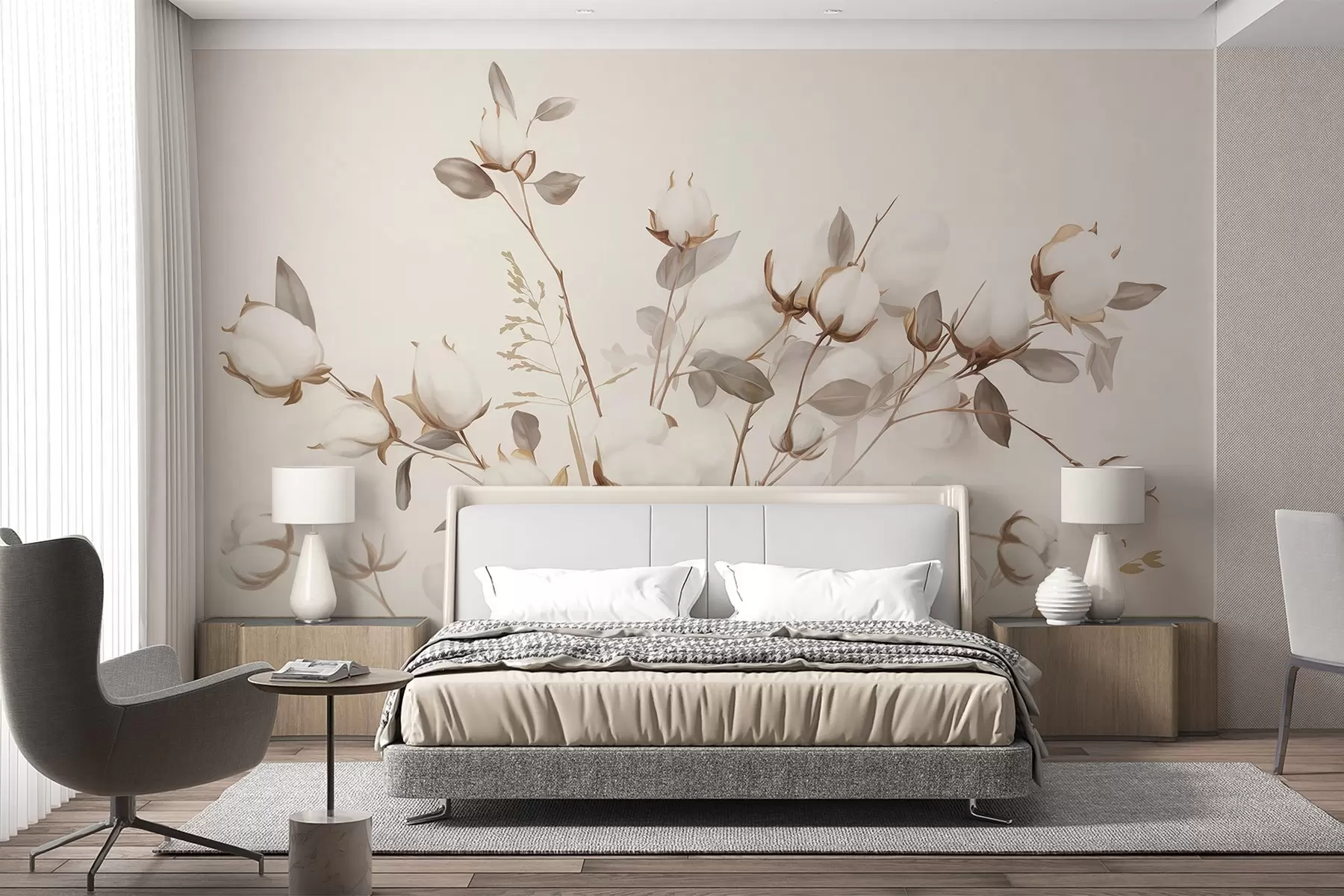 Fotobehang Katoenen bloemen met stengels en bladeren in een lichtbruin kleurenpalet, beige achtergrond, zacht en delicaat, aquarelstijl w09141