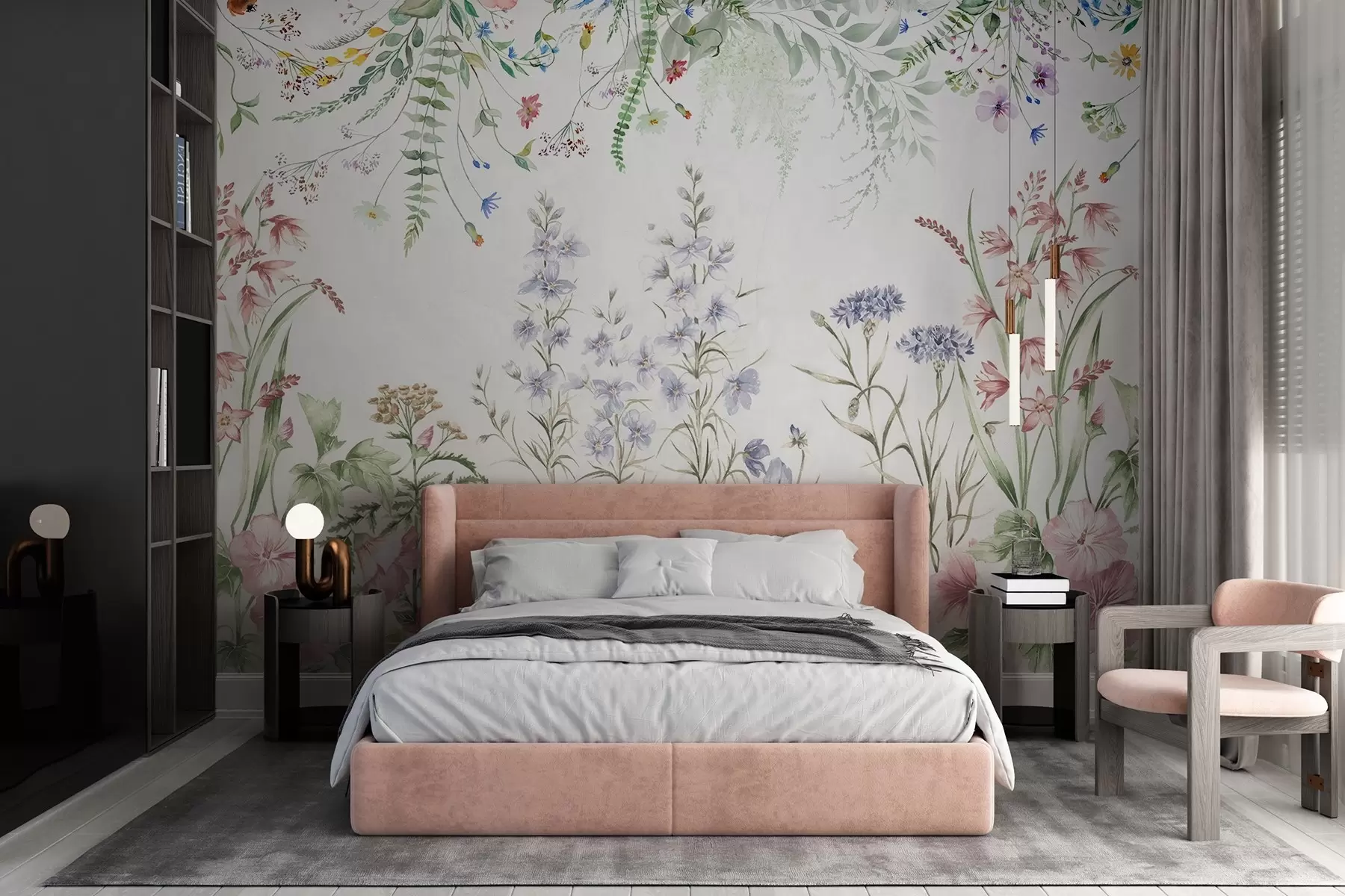 Fotobehang Florale structuurschikking met kleurrijke bloemen en groene bladeren, botanische illustratie, zachte pastelkleuren, vintage stijl w09143