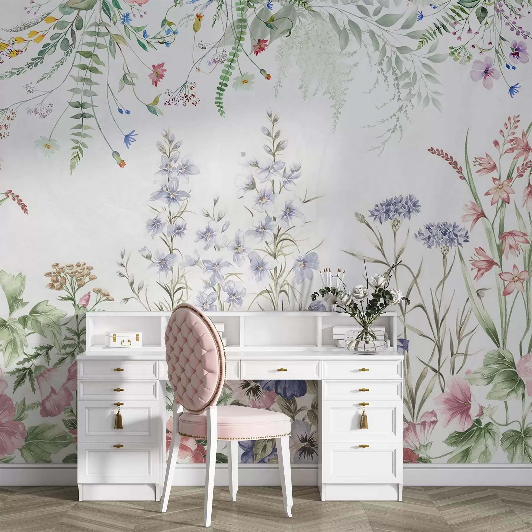 Fotobehang Florale structuurschikking met kleurrijke bloemen en groene bladeren, botanische illustratie, zachte pastelkleuren, vintage stijl w09143