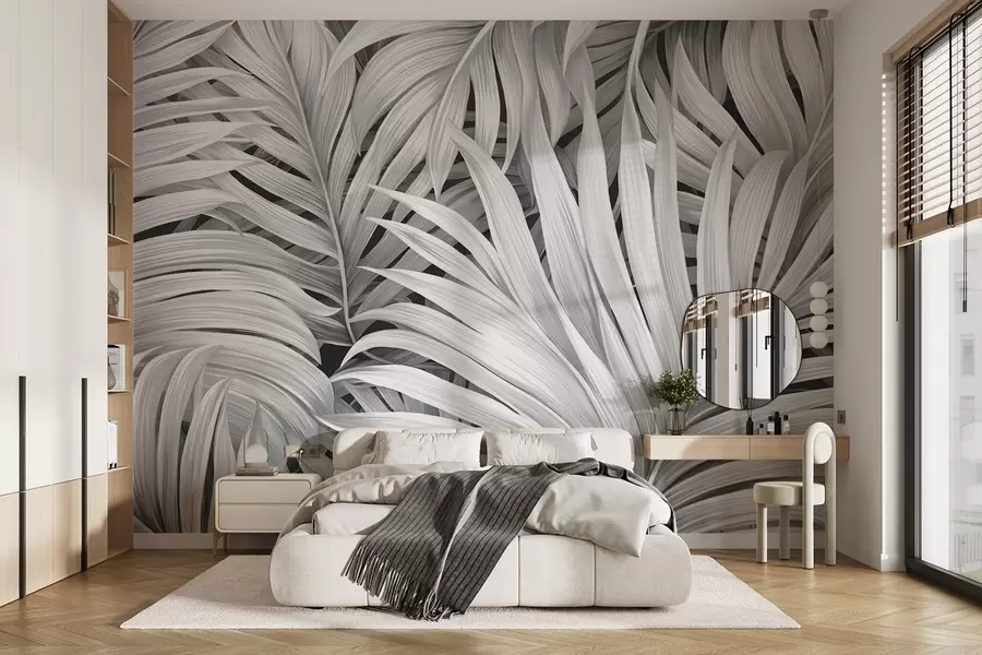 Fotobehang Monochrome tropische palmbladeren met textuur voor een tropische en botanische print w09145