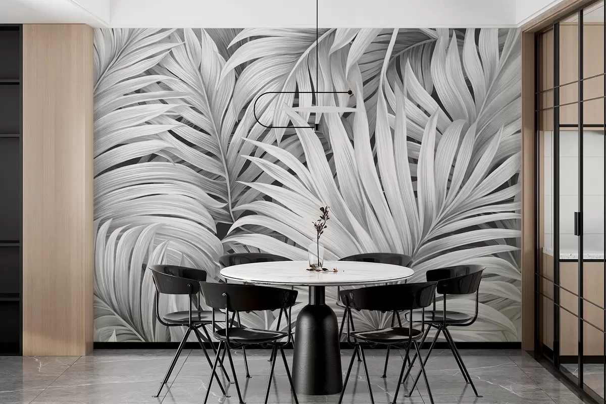 Fotobehang Monochrome tropische palmbladeren met textuur voor een tropische en botanische print w09145