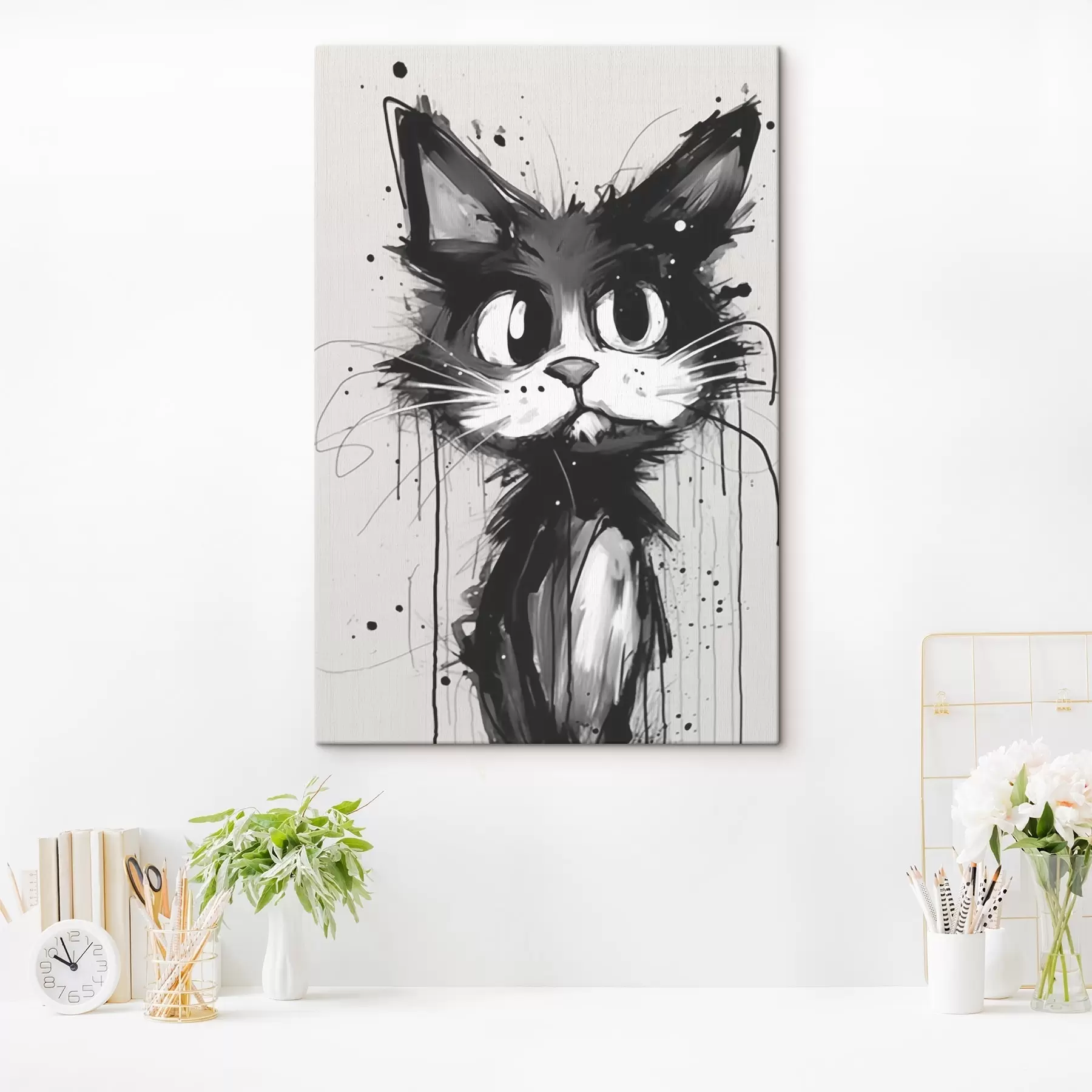 Fotobehang Kat in schetsstijl met verfspatten s44483