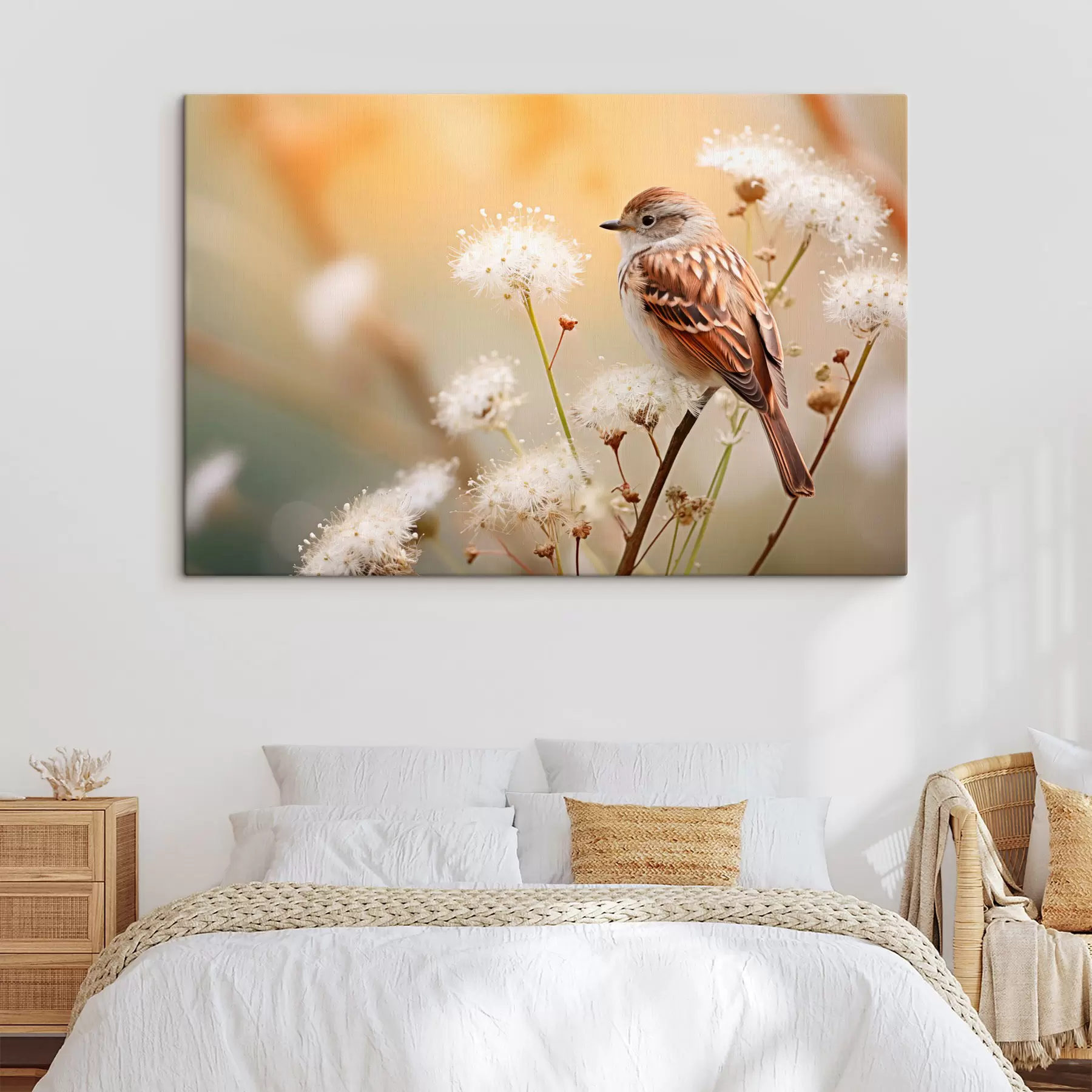 Fotobehang Een vogel neergestreken op een tak met witte bloemen, zachte focus, natuur achtergrond s44393