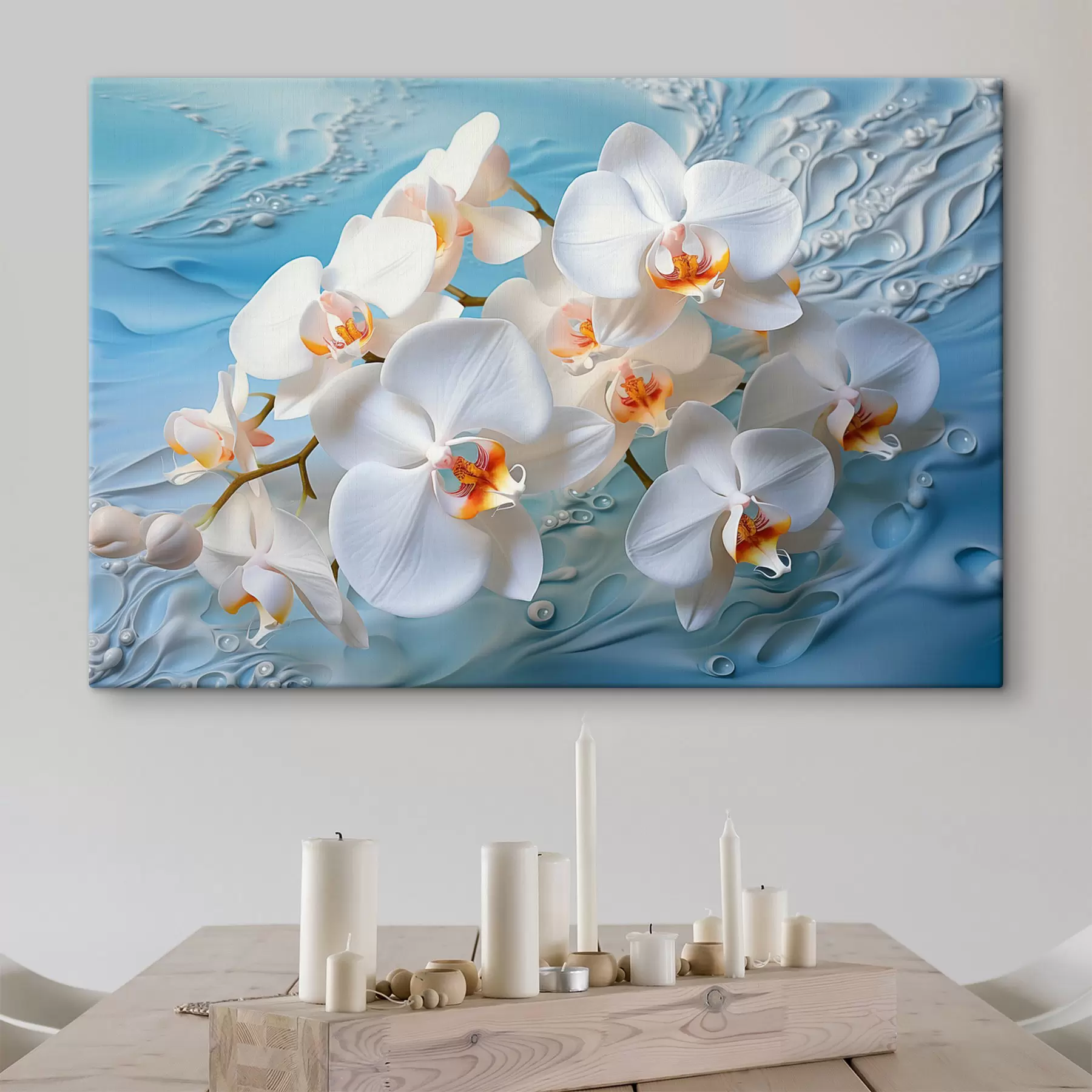  Schilderijen Witte orchideeën, gerangschikt op een lichtblauw oppervlak met waterdruppels, zachte verlichting s44401