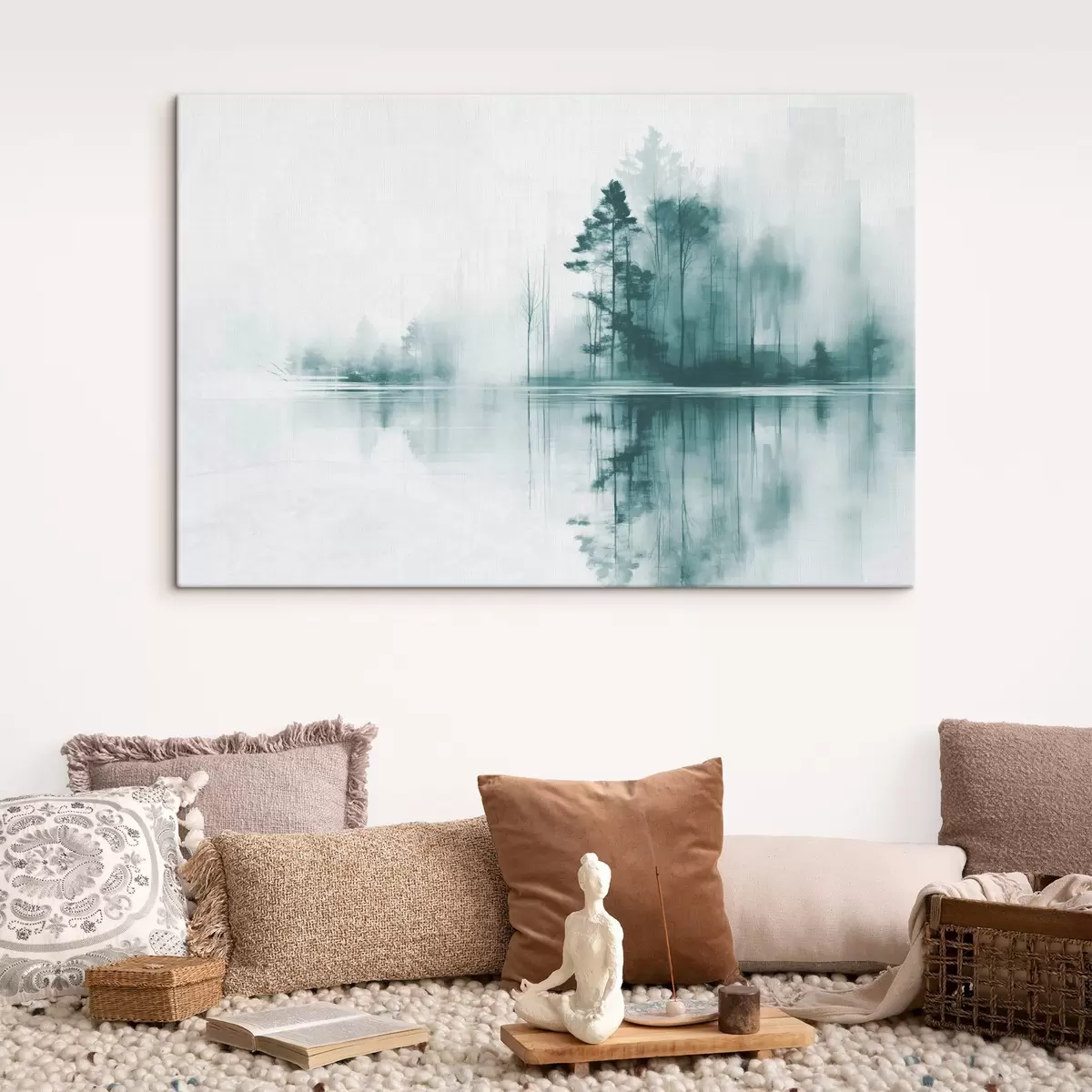  Schilderijen Abstract bos met hoge bomen weerspiegeld in het water, gedempt kleurenpalet s44403
