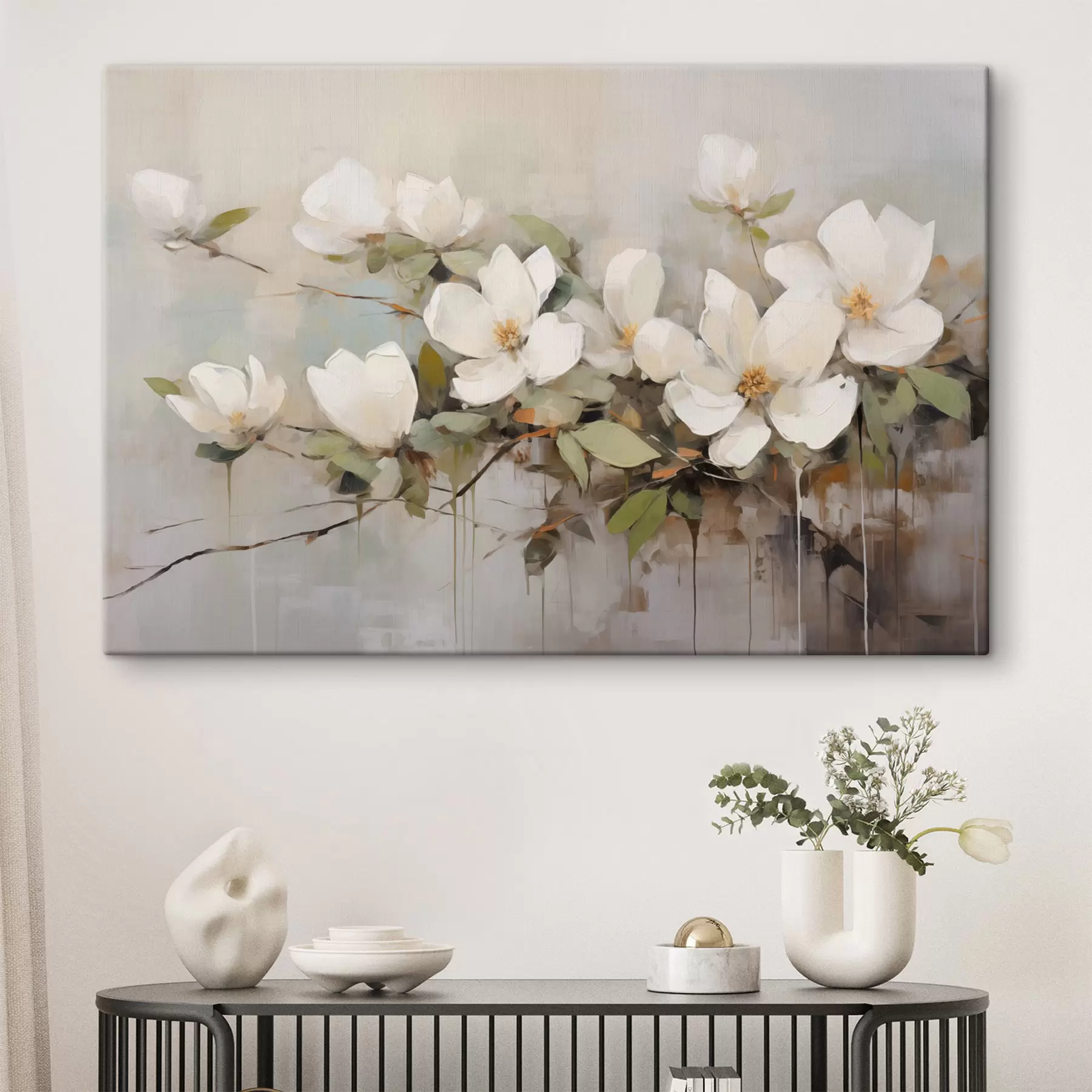 Fotobehang Witte magnolia bloemen met groene bladeren op een tak, zachte penseelstreken, gedempte kleuren s44404