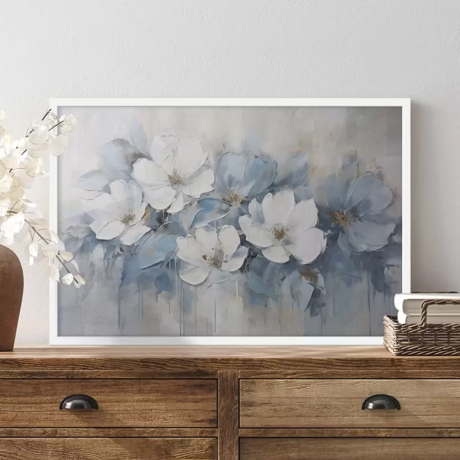 Fotobehang Witte bloemen in blauwe vegen f44395