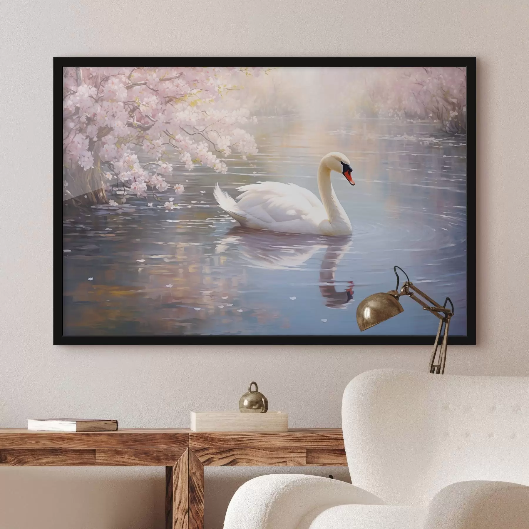 Fotobehang Een witte zwaan zwemmend in een meer met kersenbloesembomen, pastelkleuren f44396