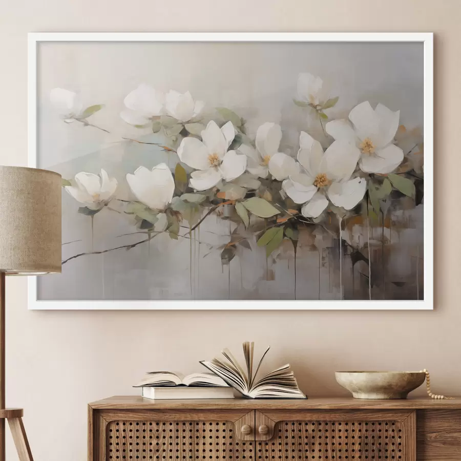 Fotobehang Witte magnolia bloemen met groene bladeren op een tak, zachte penseelstreken, gedempte kleuren f44404