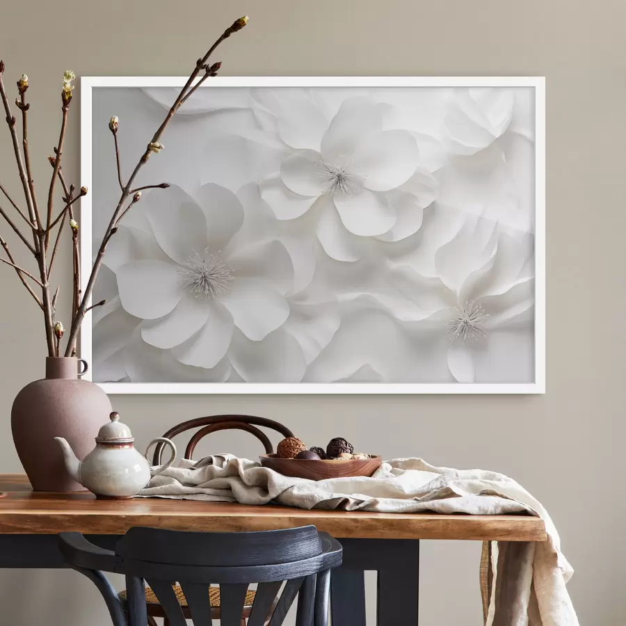 Fotobehang Witte decoratieve bloemen met fijne bloemblaadjes en ingewikkelde meeldraden f44406