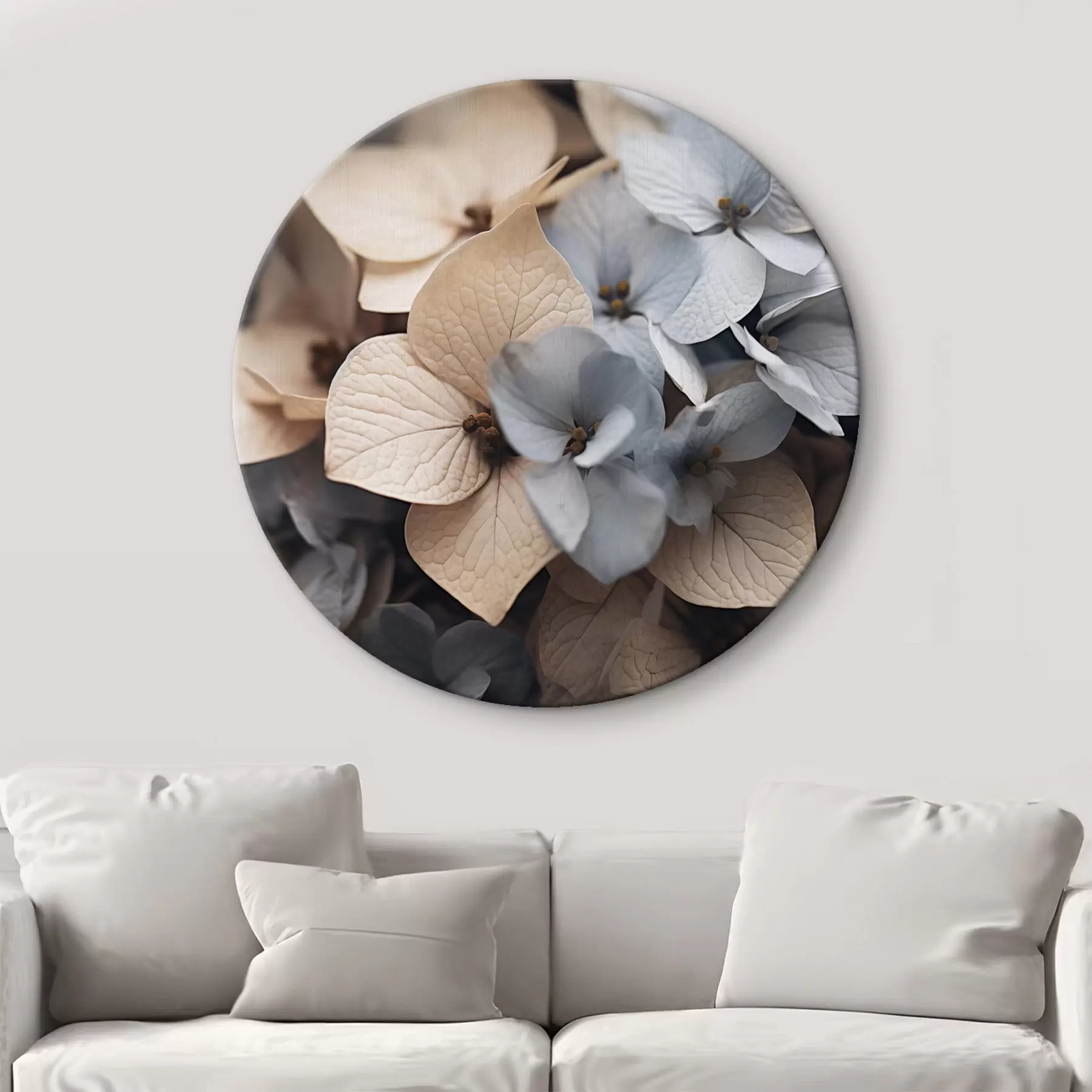 Fotobehang Hortensiabloemen, lichtblauwe en beige bloemblaadjes, met gedetailleerde texturen, elegant bloemstuk r44394