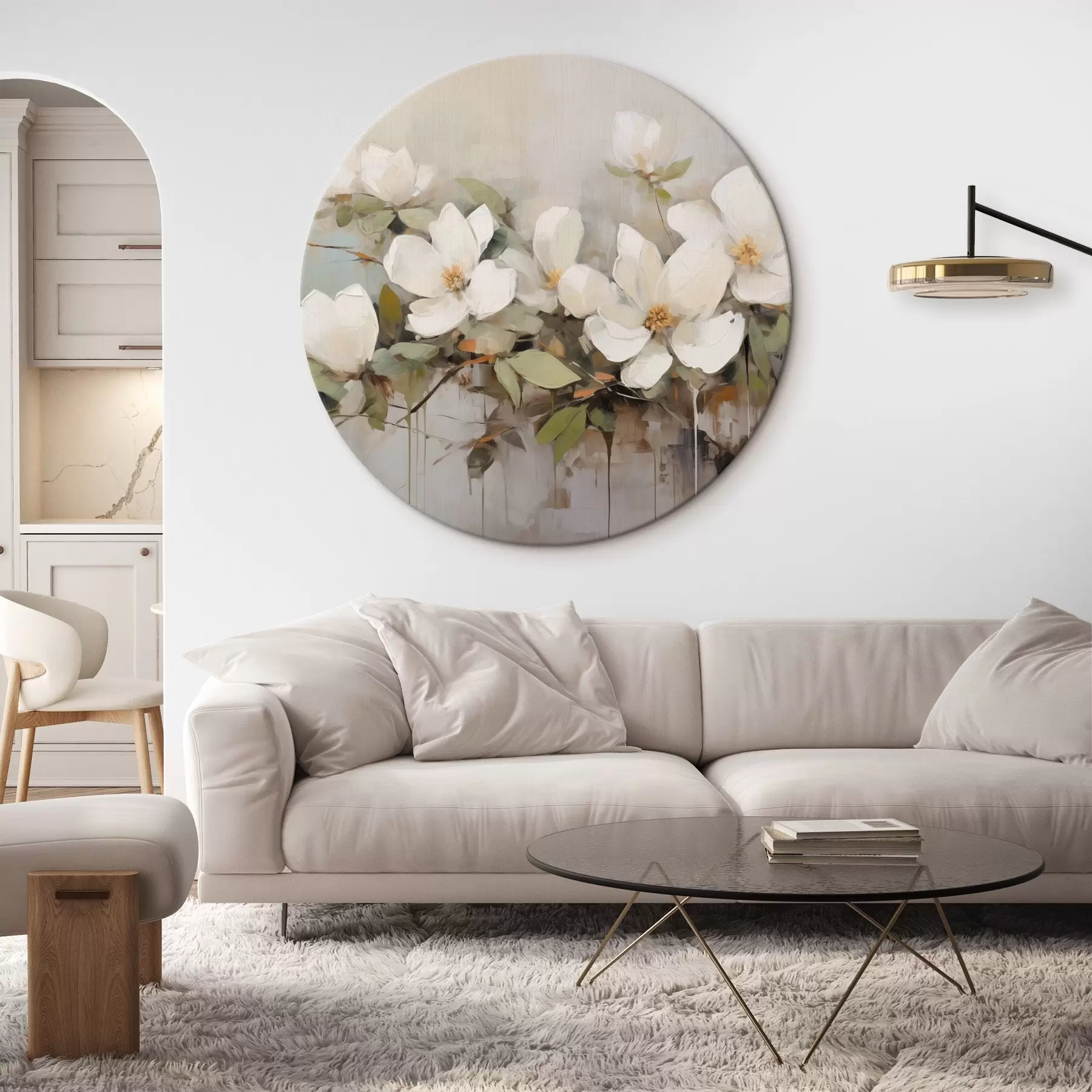  Schilderijen Witte magnolia bloemen met groene bladeren op een tak, zachte penseelstreken, gedempte kleuren r44404