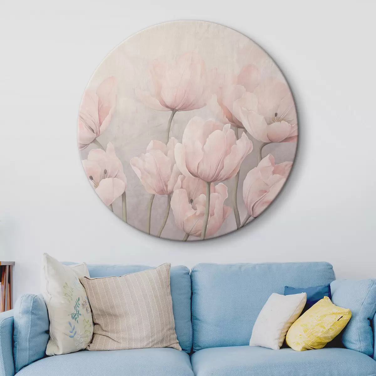 Ronde schilderijen Vintage roze tulpen met lange stelen, zachte gedempte kleuren, lichtgrijze achtergrond r44407