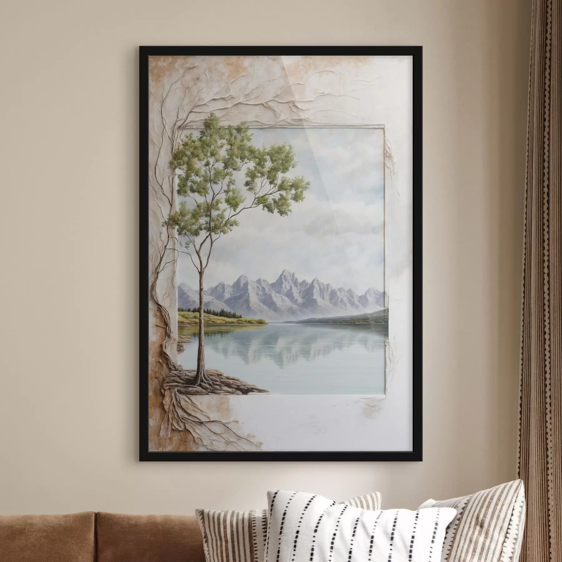 Fotobehang Uitzicht op meer en besneeuwde bergen in frame f44458