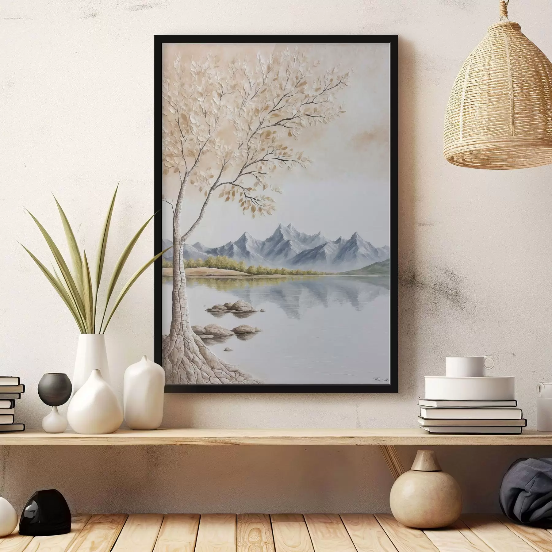 Fotobehang Boom op meer en besneeuwde bergen achtergrond f44459