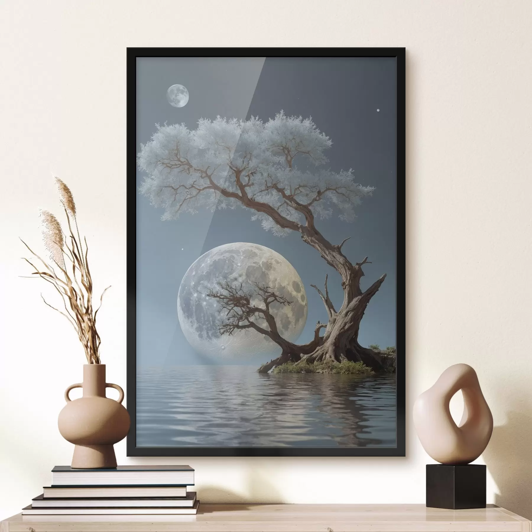 Fotobehang Boom in het midden van een meer op maanachtergrond f44481