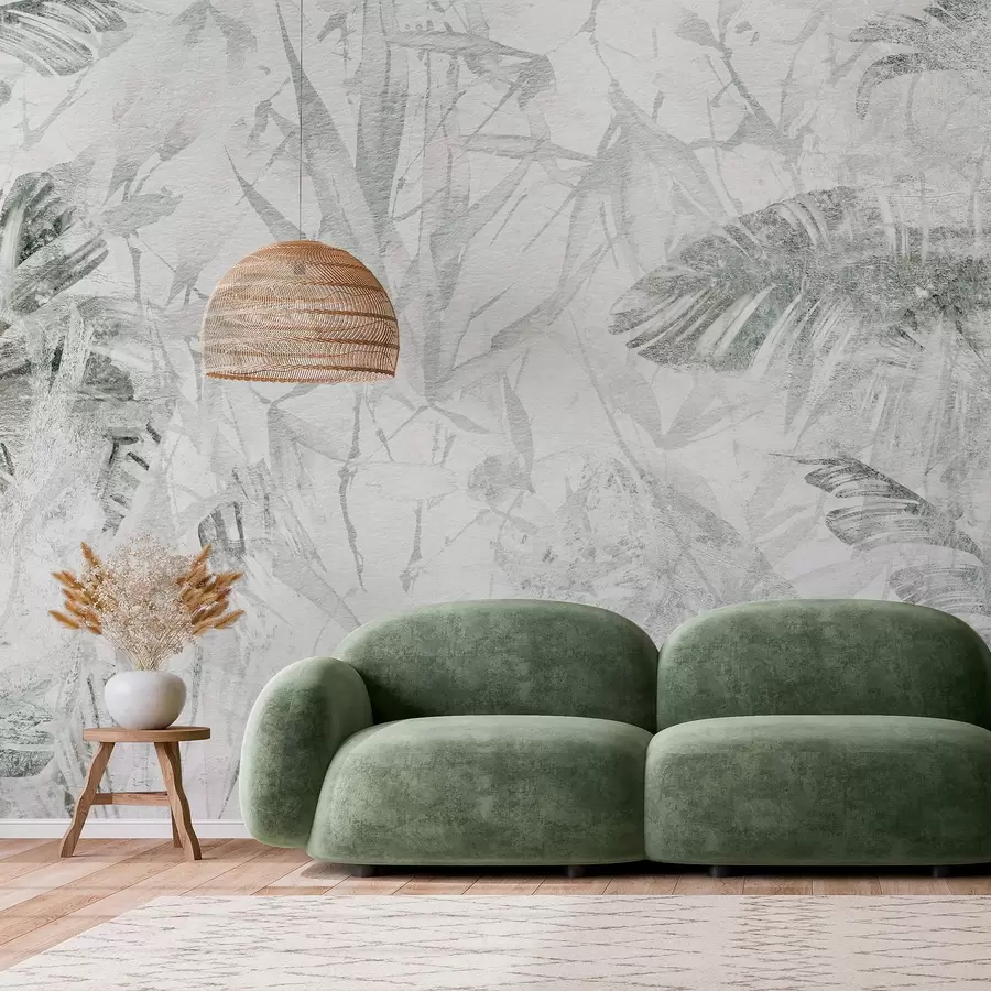 Fotobehang Bloemenabstractie in grungestijl met imitatie van slijtage, groentinten w03926v2