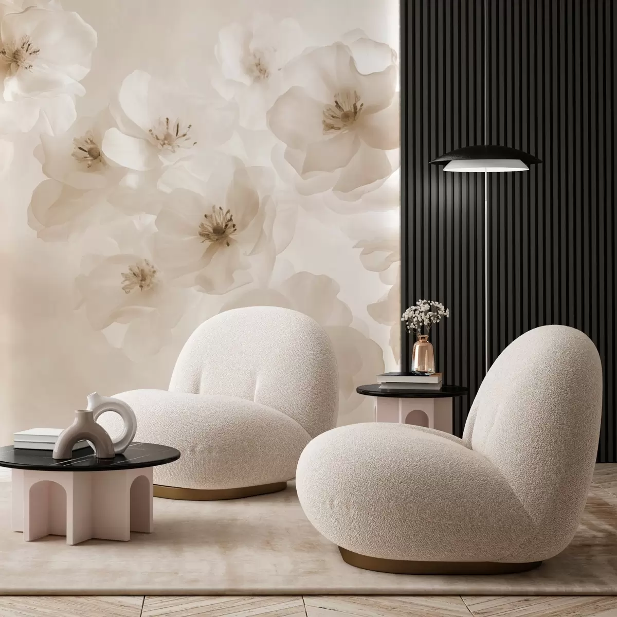 Fotobehang Delicate grote bloemen, beige tinten w03931v2