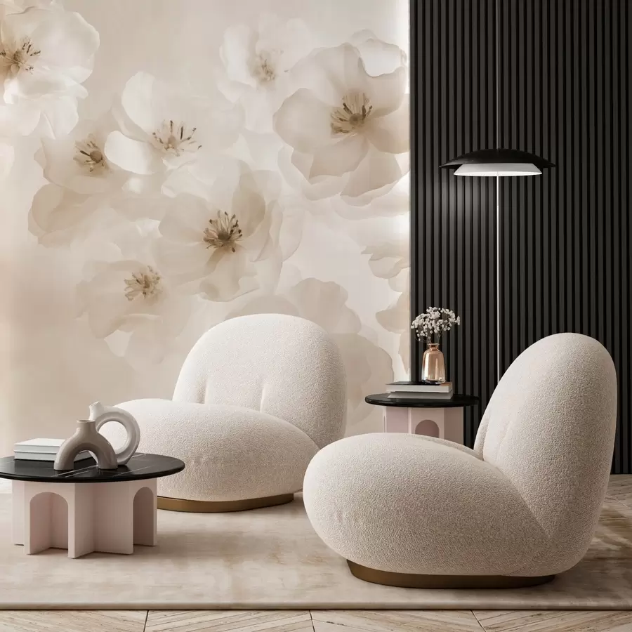 Fotobehang Delicate grote bloemen, beige tinten w03931v2