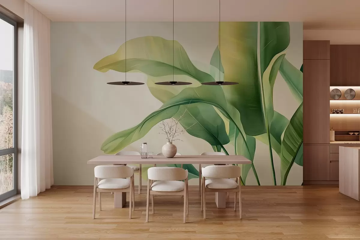 Fotobehang grote groene tropische bladeren aan de zijkant w03959