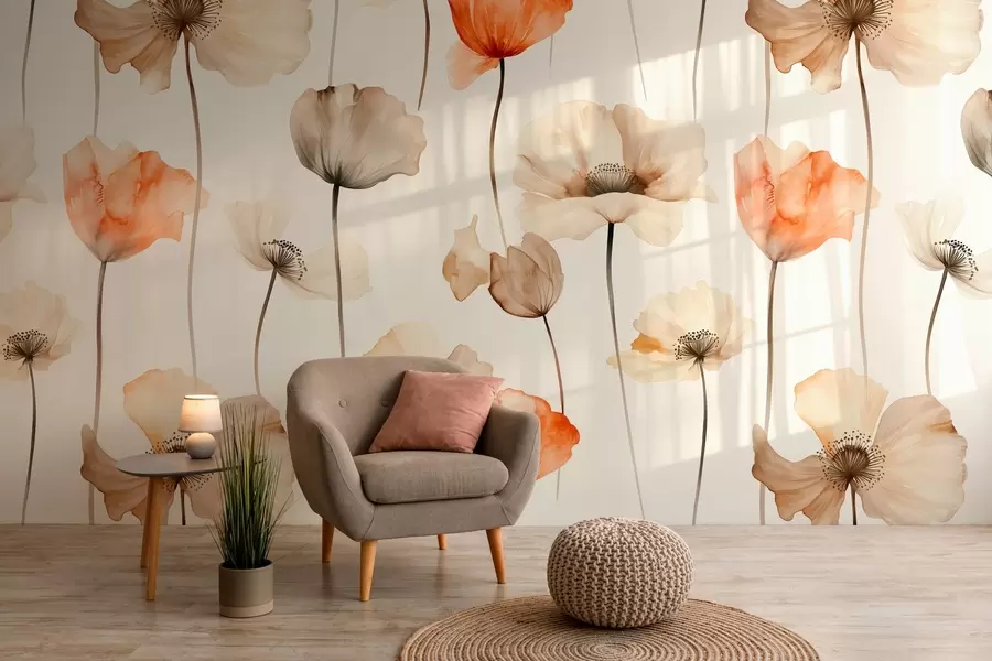 Fotobehang gekrulde klaprozen in aquarelstijl w04031