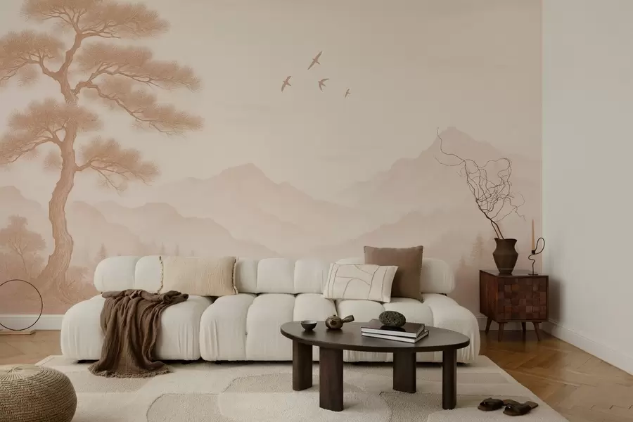 Fotobehang panorama van heuvels met een grote boom in mokkatinten w04033v1