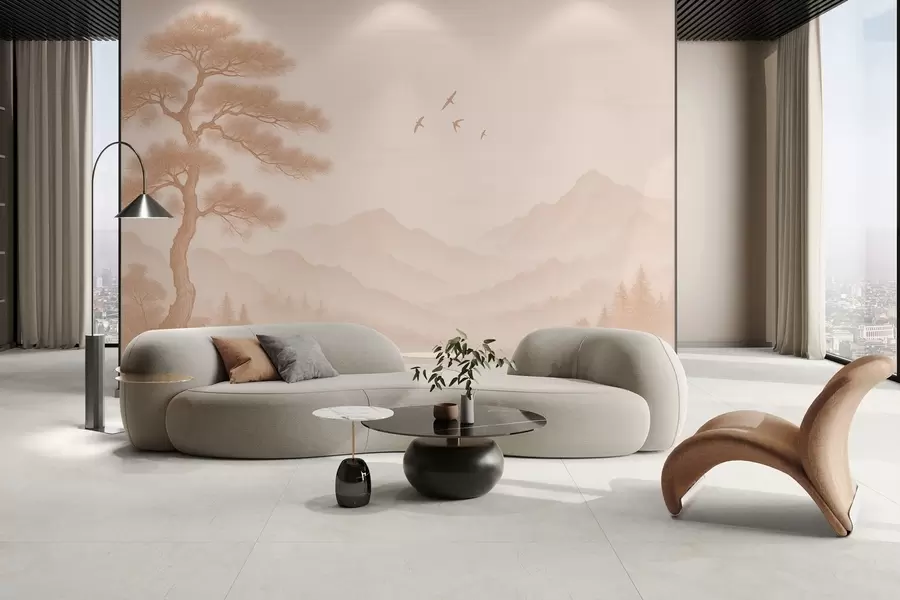 Fotobehang panorama van heuvels met een grote boom in mokkatinten w04033v1