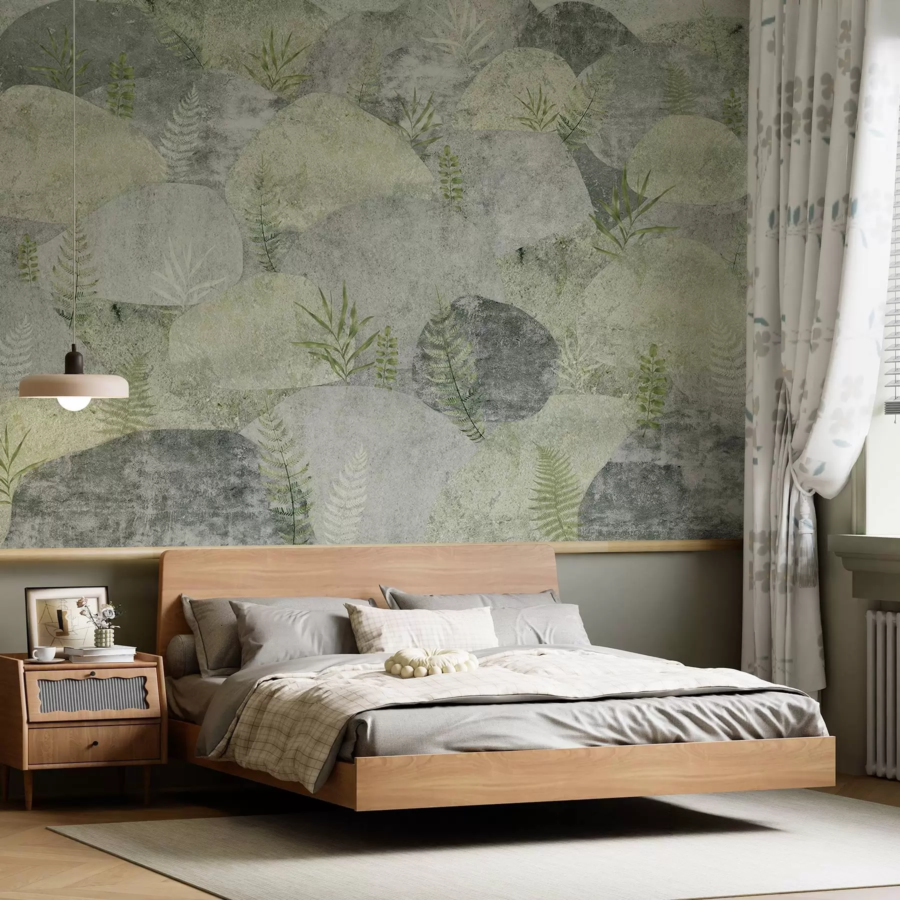 Fotobehang Stenen met planten, varen, nordic, rustieke stijl, grijze en groene kleuren w04064v2