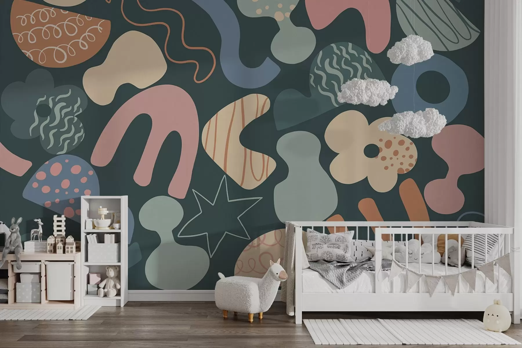 Fotobehang Geometrische figuren met krabbels tekening, jong, donkergroene achtergrond   w04068v3