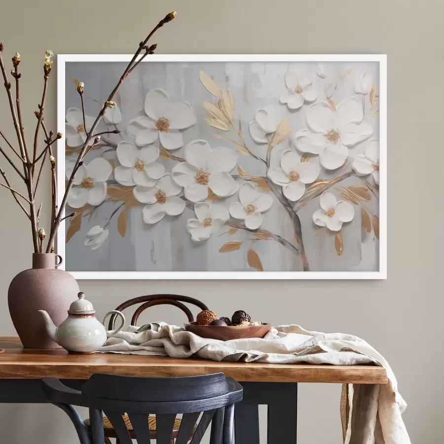 Fotobehang Witte bloemen imitatieschilderij f44586