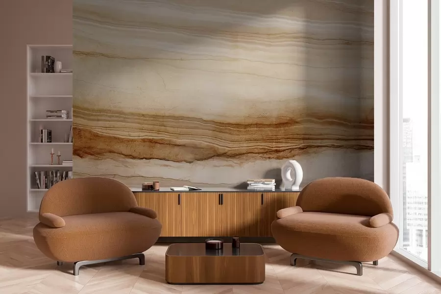 Fotobehang Imitatie van houttextuur met horizontale lijnen, beige en donkerbruin, natuurlijke print, aardse zachte tinten w09156