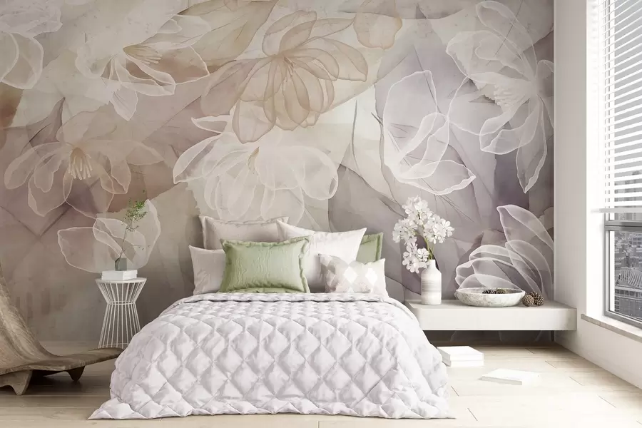 Fotobehang Bloemen en bladeren met transparante bloemblaadjes in tinten wit, beige en paars, zacht en delicaat w09158