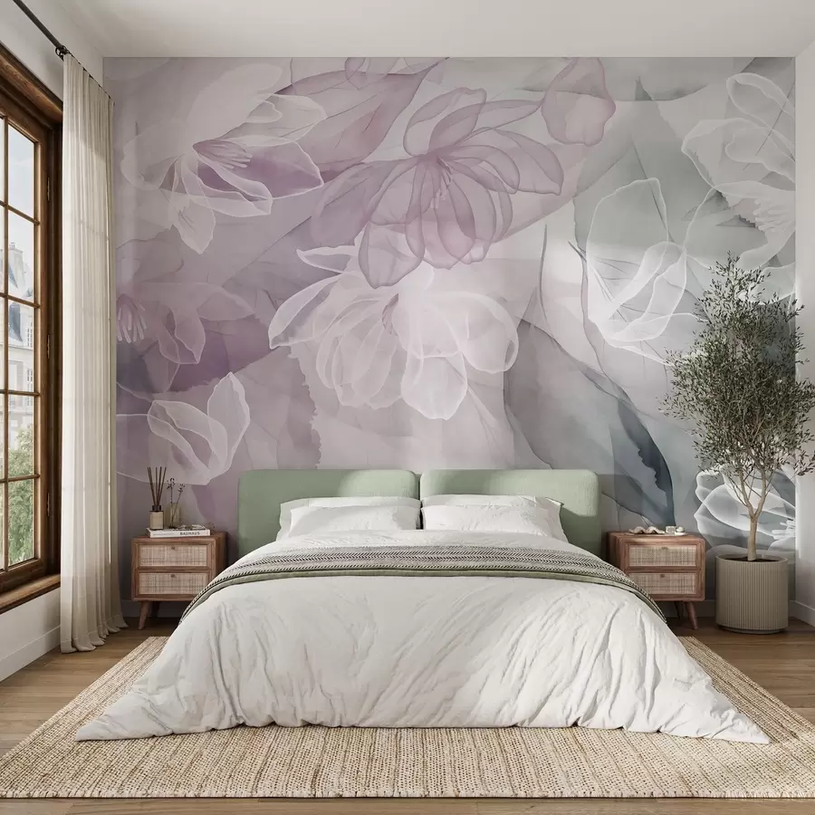 Fotobehang Bloemen en bladeren met transparante bloemblaadjes in tinten wit, roze en groen, zacht en delicaat w09158v1
