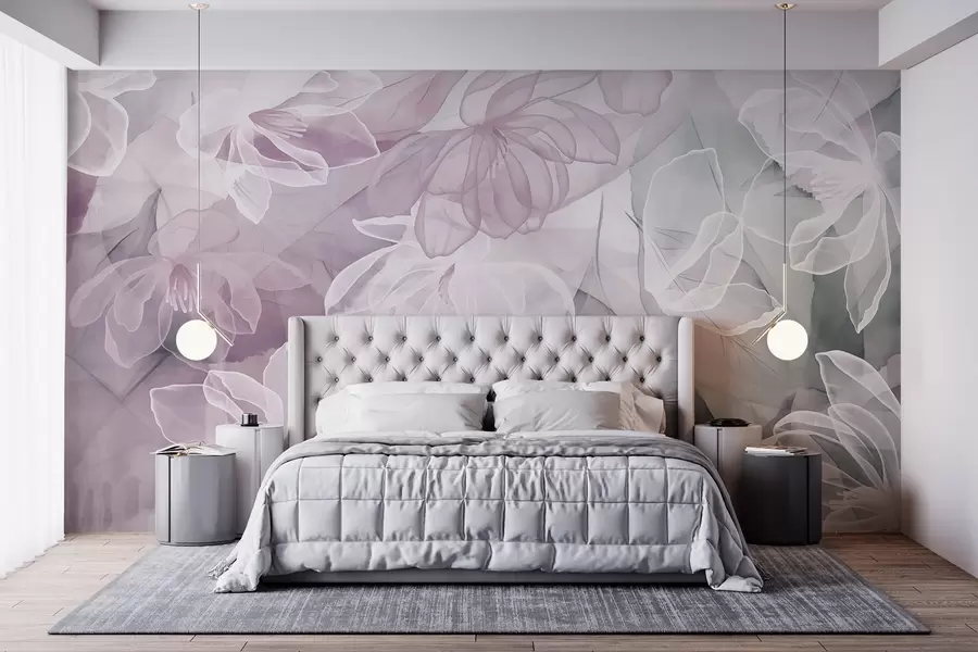 Fotobehang Bloemen en bladeren met transparante bloemblaadjes in tinten wit, roze en groen, zacht en delicaat w09158v1