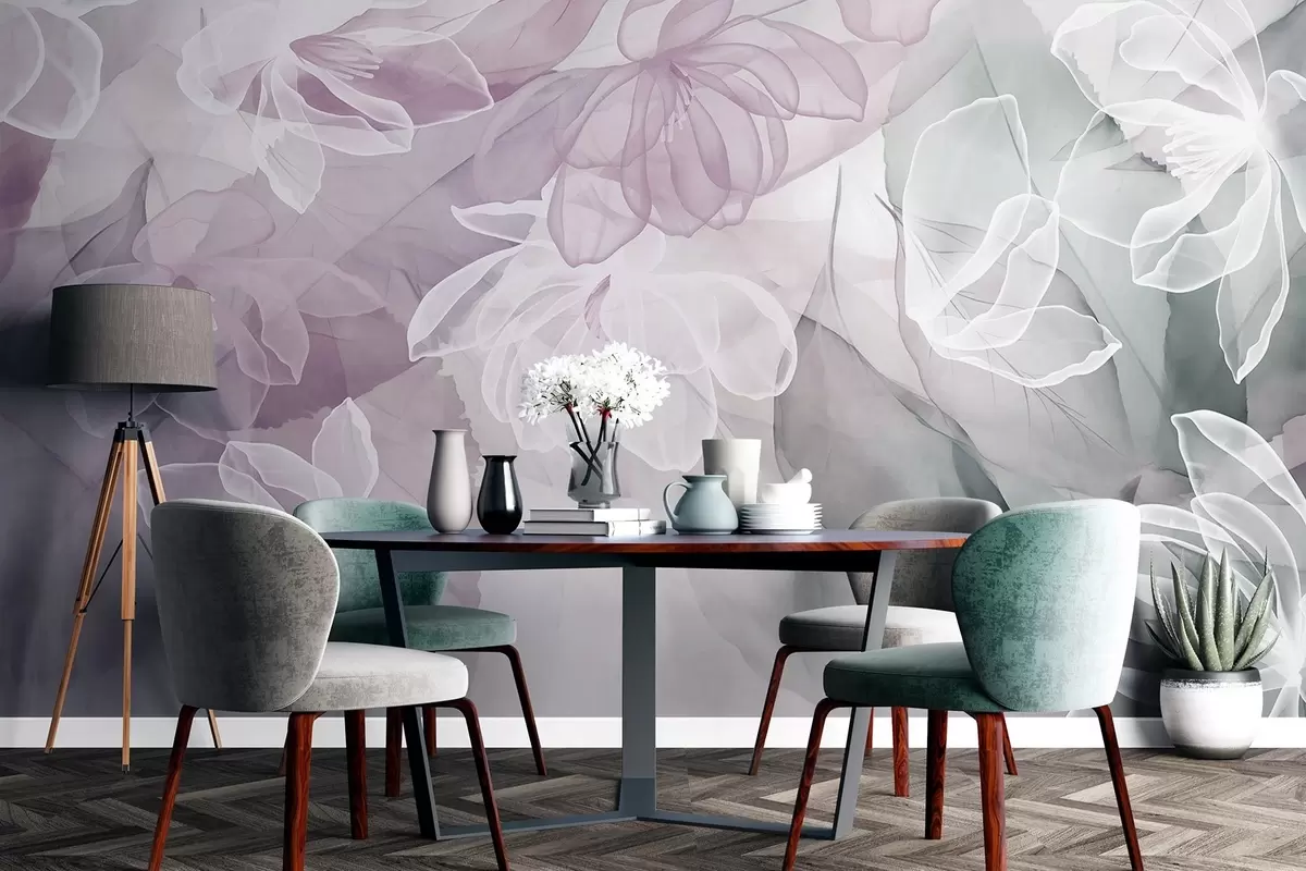 Fotobehang Bloemen en bladeren met transparante bloemblaadjes in tinten wit, roze en groen, zacht en delicaat w09158v1