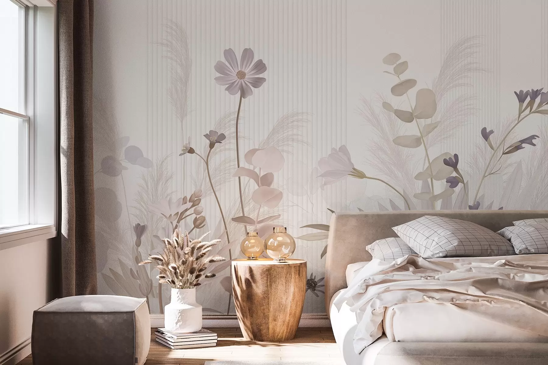 Fotobehang Bloemen in pastelkleuren, lichtbruine bladeren, witte achtergrond met verticale lijnen, elegant en minimalistisch  w09161