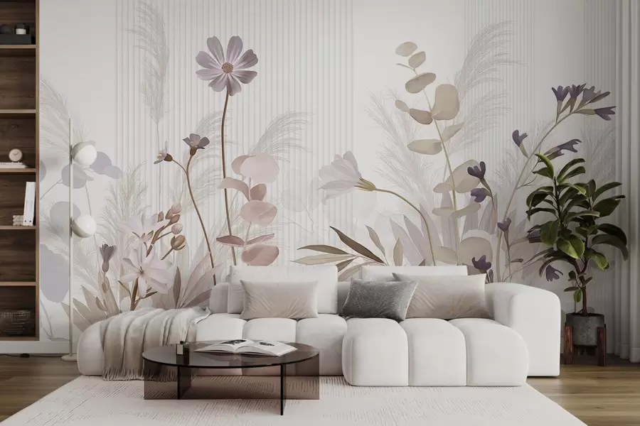 Fotobehang Bloemen in pastelkleuren, lichtbruine bladeren, witte achtergrond met verticale lijnen, elegant en minimalistisch  w09161