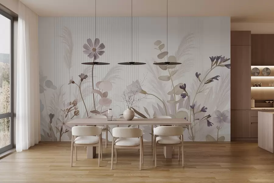 Fotobehang Bloemen in pastelkleuren, lichtbruine bladeren, witte achtergrond met verticale lijnen, elegant en minimalistisch  w09161