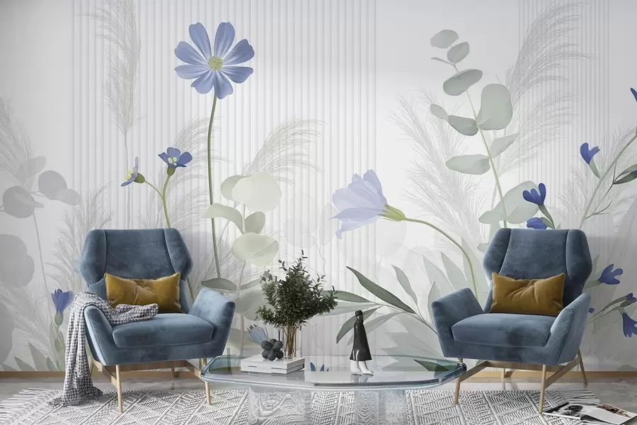 Fotobehang Bloemen in pastelkleuren, lichtgroene bladeren, witte achtergrond met verticale lijnen, elegant en minimalistisch  w09161v1