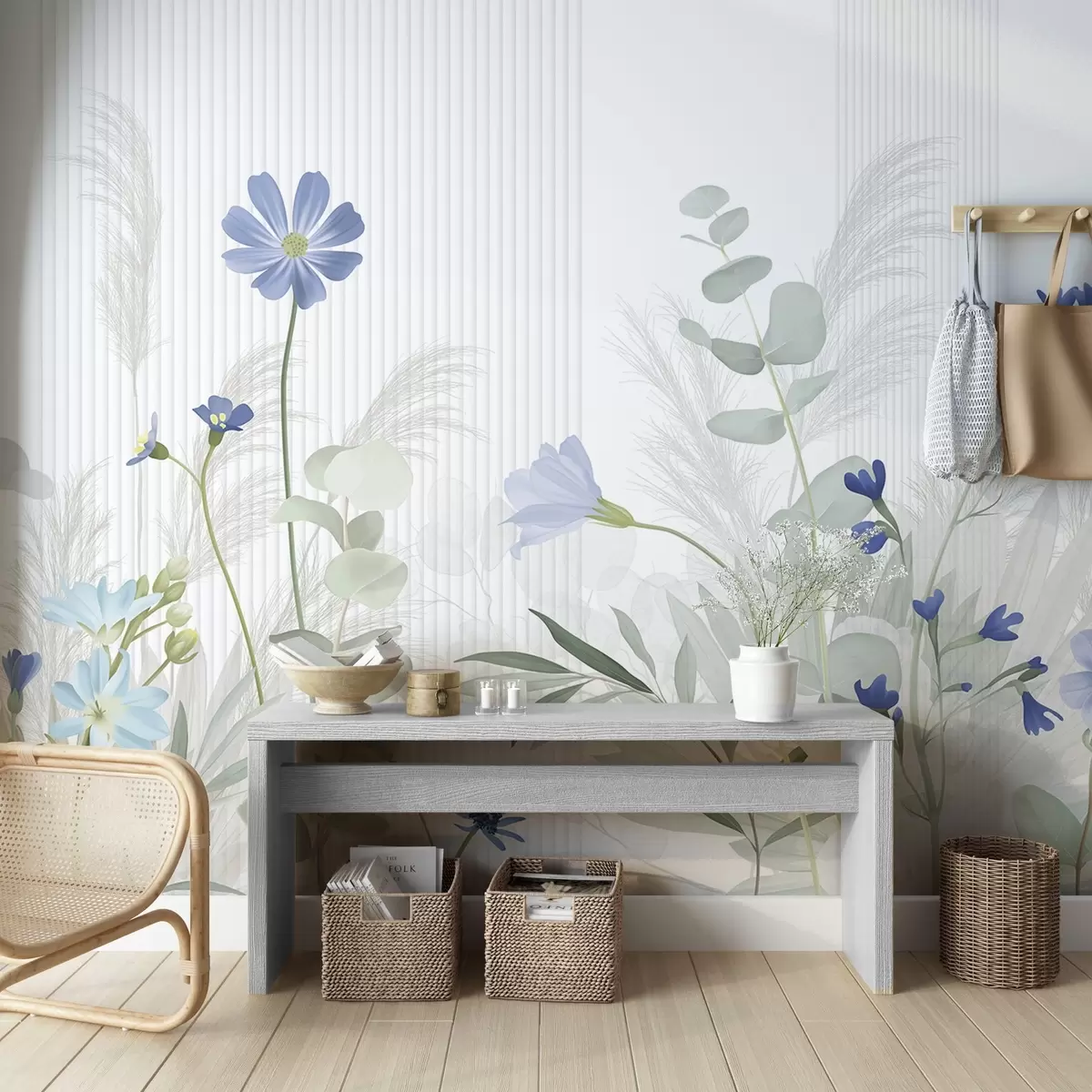 Fotobehang Bloemen in pastelkleuren, lichtgroene bladeren, witte achtergrond met verticale lijnen, elegant en minimalistisch  w09161v1