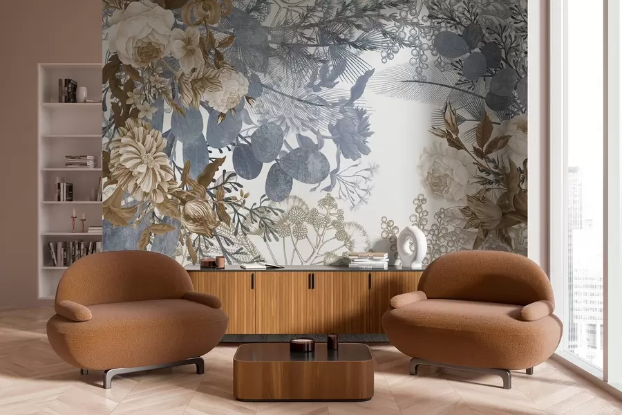 Fotobehang Vintage bloemstuk met rozen, eucalyptus en mimosa in blauw- en bruintinten  w09164