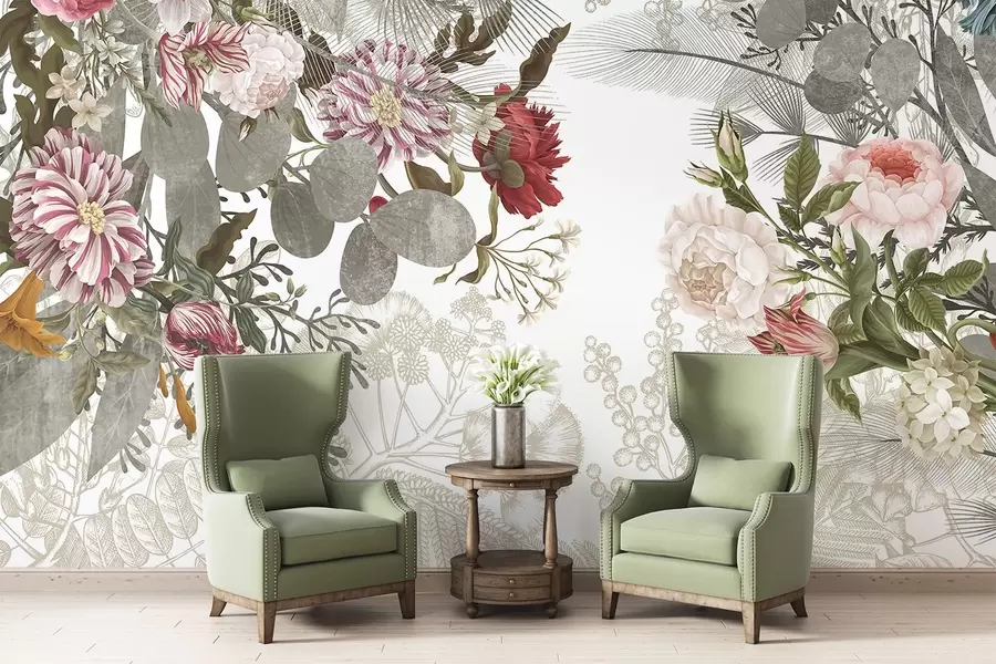 Fotobehang Vintage bloemstuk met rozen, eucalyptus en mimosa in zachte groene, rode en roze tinten w09164v1