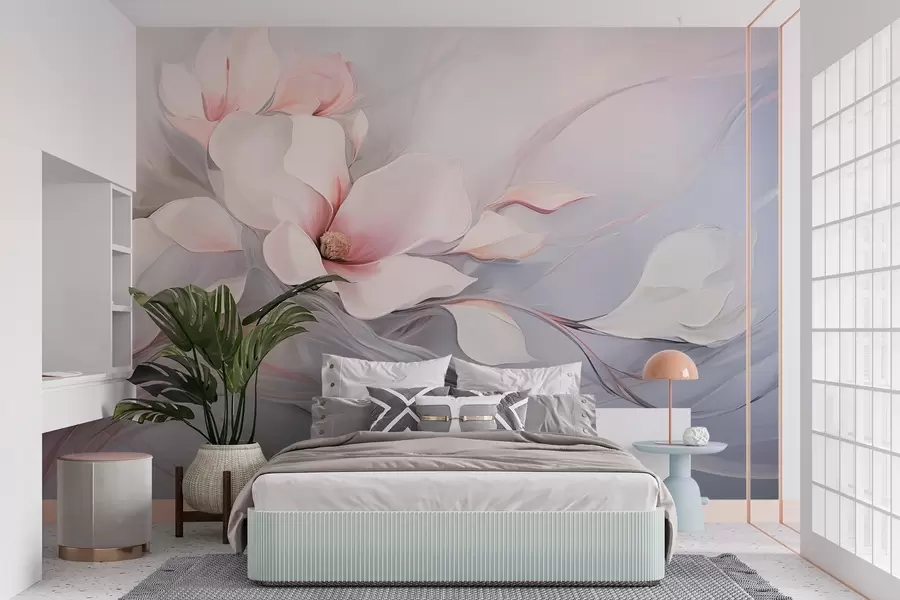 Fotobehang Delicate magnolia bloemen met roze bloemblaadjes en witte bladeren, een gladde textuur, vloeiende lijnen w09165